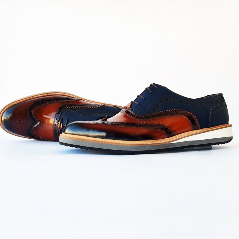 Zoppo Brown-Navy Blue Men's Wingtip Genuine Leather Oxford Dress Shoes - Picture 4 of 5